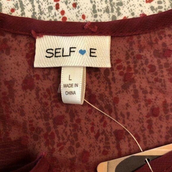 Self Esteem Top Women Size L Burgundy Layered Sheer Swiss Dot Lace Bell Sleeve - Picture 3 of 3